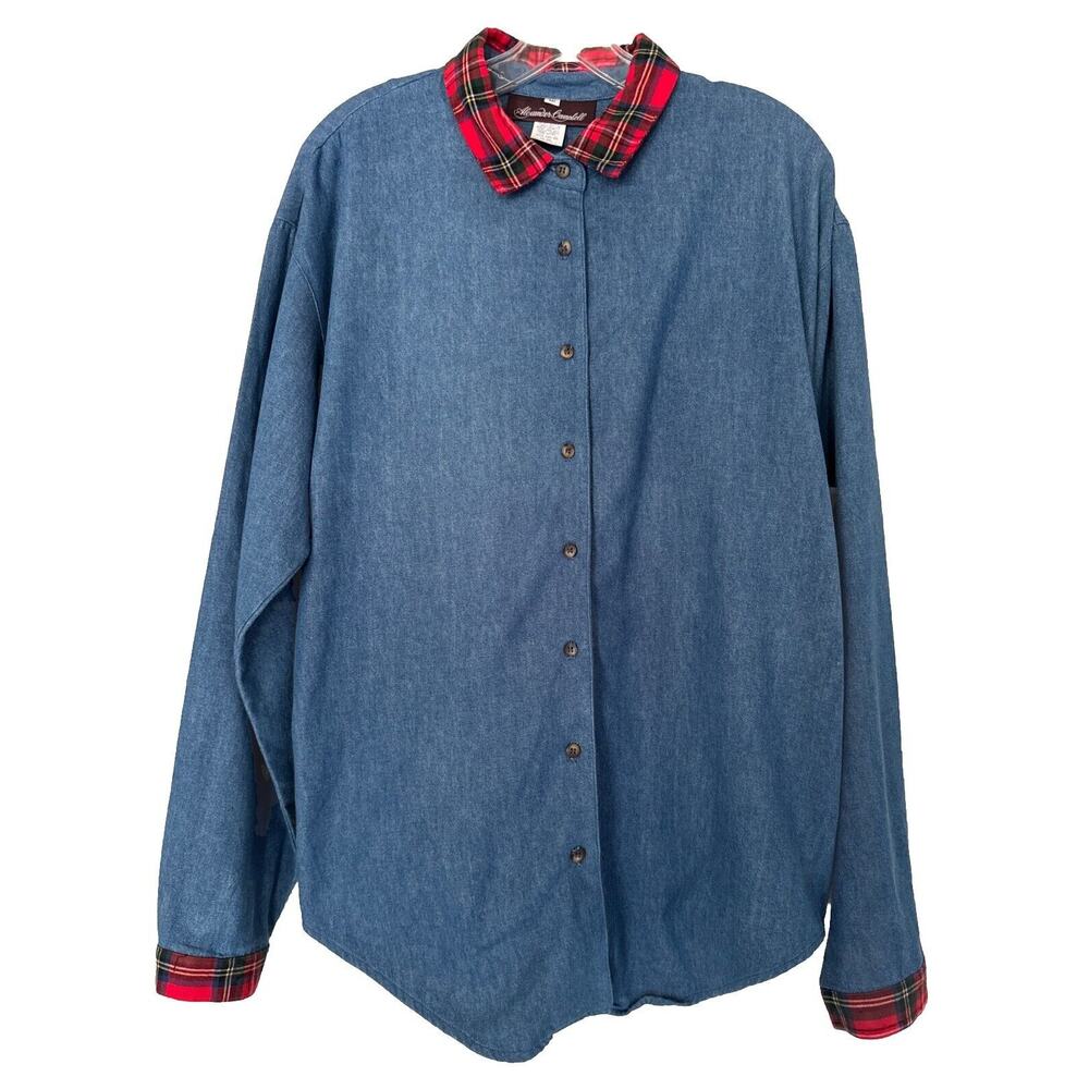 Vintage Christmas Collared Shirt Denim Tartan Alexander Campbell Women’s Sz 12